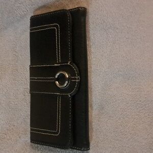 Black Faux Leather Wallet with Contrast Stitching and Silver Ring Detail